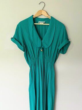 Vintage Teal Blue Midi Dress with Peter Pan Collar / 80s